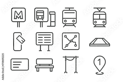Public Transport Icons. Line style icons of public transportation symbols: metro sign, bus stop, train station, tram rail; ticket
