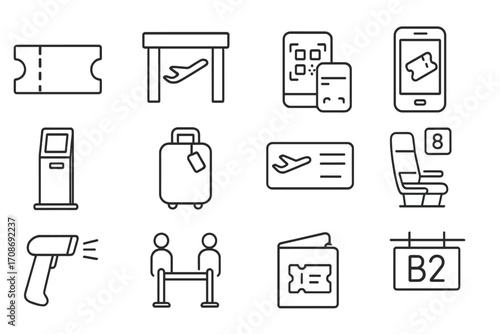 Ticketing Icons Collection. Line style icons of ticketing and check-in: ticket stub, boarding gate, QR scan, mobile ticket;
