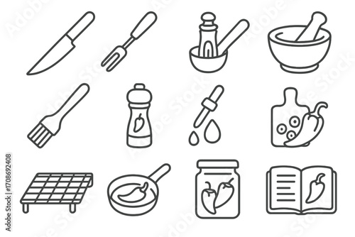Culinary Tools Icons. Line style icons of culinary tools for peppers: slicing knife, pepper core remover, spice scoop, mortar bowl