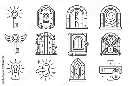 Enchanted Doors and Keys. Line style icons of enchanted doors and keys: glowing key, ornate lock, runed door, portal gate; key
