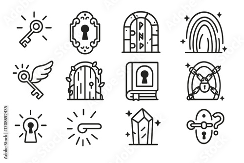 Enchanted Doors and Keys. Line style icons of enchanted doors and keys: glowing key, ornate lock, runed door, portal gate; key