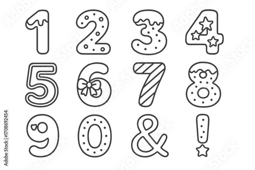 Decorative Cookie Numbers. Line style icons of cookie numbers and symbols: number 1 with icing, 2 with dots, 3 with snow, 4 with