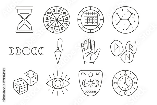 Time and Divination Icons. Line style icons of time and divination items: hourglass, zodiac circle, calendar wheel, star map; moon