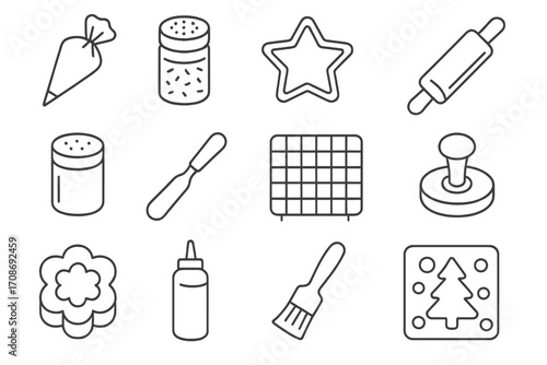 Cookie Decorating Icons. Line style icons of cookie decorating tools: icing bag, sprinkle jar, cookie cutter, rolling pin; flour