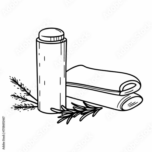 Outline drawing of a bottle next to folded towels with sprigs of rosemary and other greenery around it