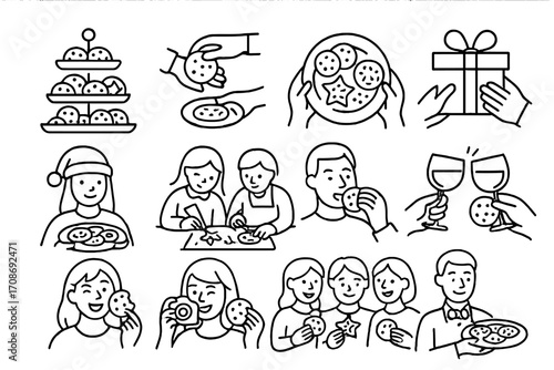Cookie Party Icons. Line style icons of cookie party elements: cookie buffet, cookie exchange, plate pass, gift share; holiday