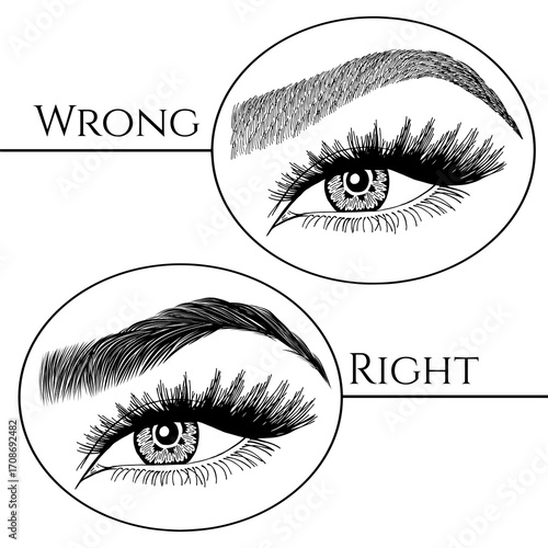 Illustration with woman's eyes, eyelashes and eyebrows. Makeup Look. Tattoo design. Logo for brow bar or lash salon. Wrong and right coloring care. Set of well-groomed and shaggy eyebrows.