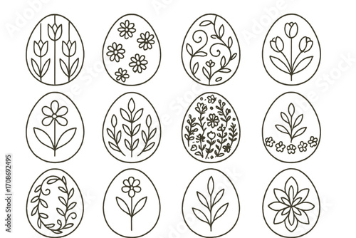 Floral Egg Icons. Line style icons of floral egg patterns: tulip stripe egg, daisy dotted egg, leaf swirl egg, rosebud egg; heart