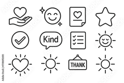 Icons of Gratitude. Line style icons of gratitude and positivity: open palm with heart, spark around smile, thank you note, soft
