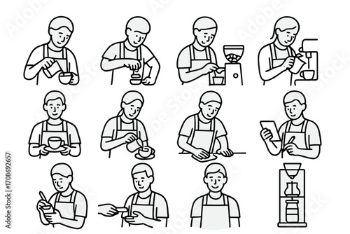 Barista Line Icons. Line style icons of barista actions: pouring milk, tamping espresso, grinding beans, steaming milk; serving