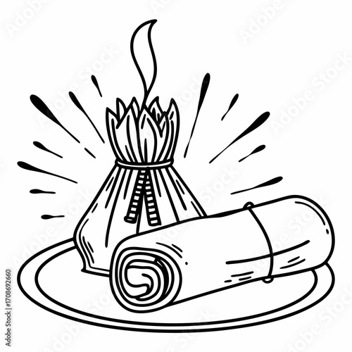 Still life drawing of a tied package with radiating lines and a rolled mat on a round plate surface