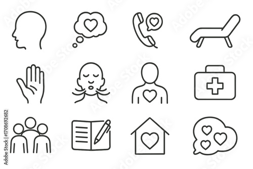 Mental Health Icons. Line style icons of mental health support: talking head icon, thought bubble heart, support hotline, therapy