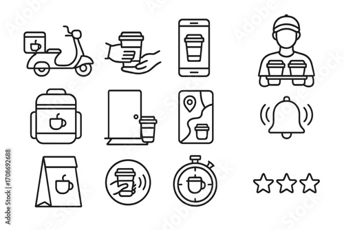 Line Style Coffee Delivery Icons. Line style icons of coffee delivery: scooter with coffee box, delivery handoff, coffee app