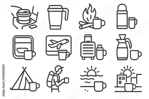 Travel Coffee Icons. Line style icons of travel coffee setups: car cupholder, road trip mug, campfire coffee, thermos flask; train