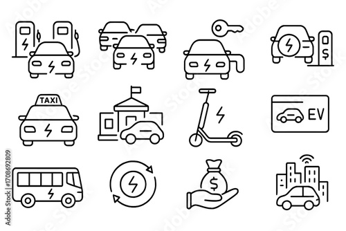 EV Service Icons. Line style icons of public EV services: community EV chargers, fleet EV icons, car rental electric,
