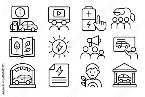 Line Style EV Awareness. Line style icons of EV awareness and education: info station with EV, learning video icon, battery