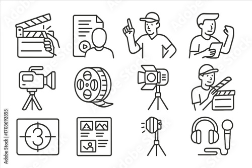 Movie Production Icons. Line style icons of movie production: clapperboard snap, script read, director giving signal, actor