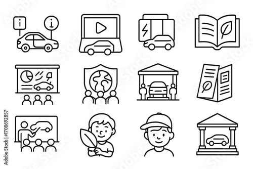 Line Style EV Awareness. Line style icons of EV awareness and education: info station with EV, learning video icon, battery