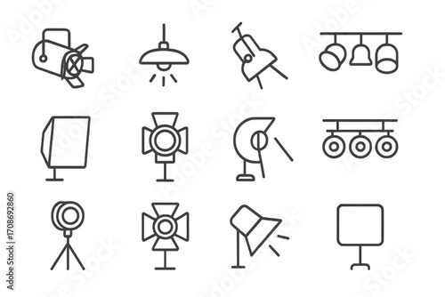 Spotlight Icons Collection. Line style icons of spotlight designs: classic stage spotlight, overhead light, adjustable beam, dual