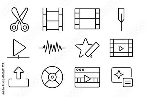 Video Editing Icons. Line style icons of video editing: scissors icon, trim bar, timeline frames, cut marker; playhead icon, audio