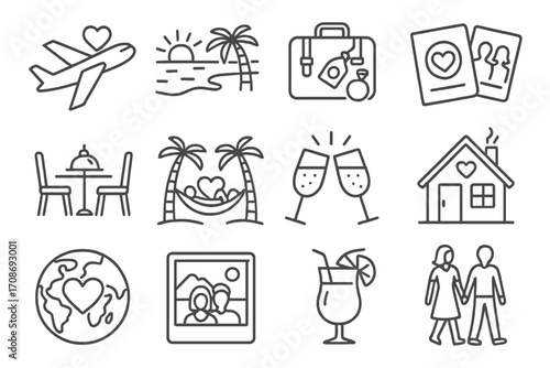 Honeymoon Icon Set. Line style icons of honeymoon elements: airplane with heart, beach sunset, suitcase with ring tag, couple