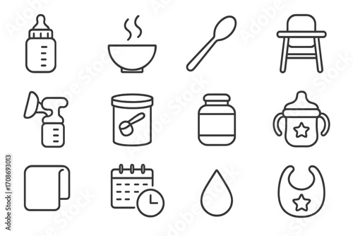 Baby Feeding Icons. Line style icons of feeding time: bottle with measurements, warm milk icon, spoon feeding, baby high chair;