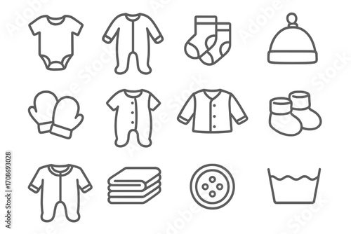 Baby Clothing Icons. Line style icons of clothing basics: onesie, footed pajamas, baby socks, soft cap; mittens, romper, baby