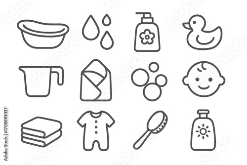 Baby Bath Icons. Line style icons of bath time routine: baby tub, water droplets, gentle wash bottle, duck toy; rinse cup, towel
