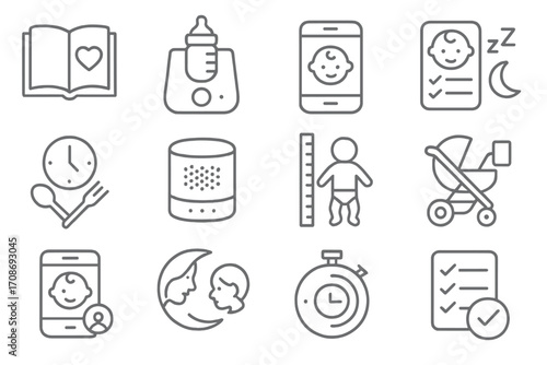 Parenting Essentials Icons. Line style icons of new parent tools: parenting book, bottle prep machine, phone with baby app, sleep