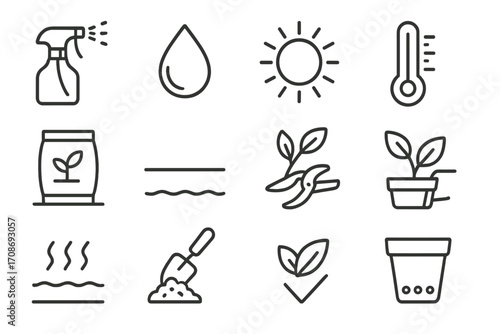 Plant Care Icons. Line style icons of plant care: misting bottle, watering droplet, sunlight icon, temperature gauge; fertilizer