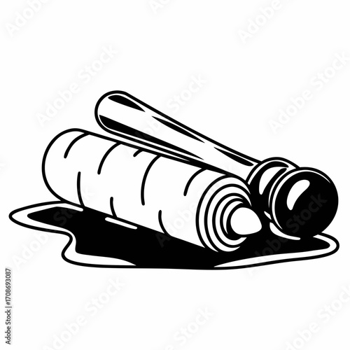 Illustration of a tube of toothpaste with its cap next to it on a dark liquid substance surface