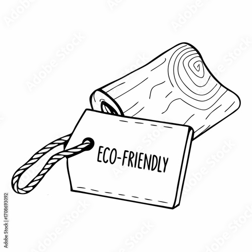 Illustration of a wooden block with tree rings and an eco friendly tag attached with string