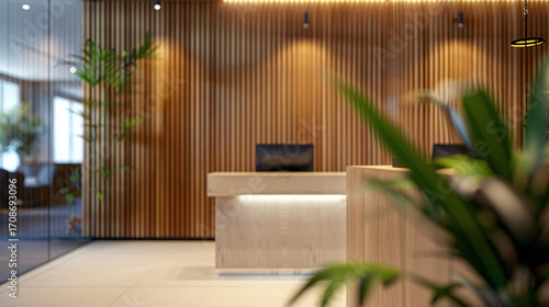 A stylish, modern office reception area features a minimalist wooden desk and wall, with a small potted plant and an empty leather chair, creating a clean, inviting, and professional atmosphere that s