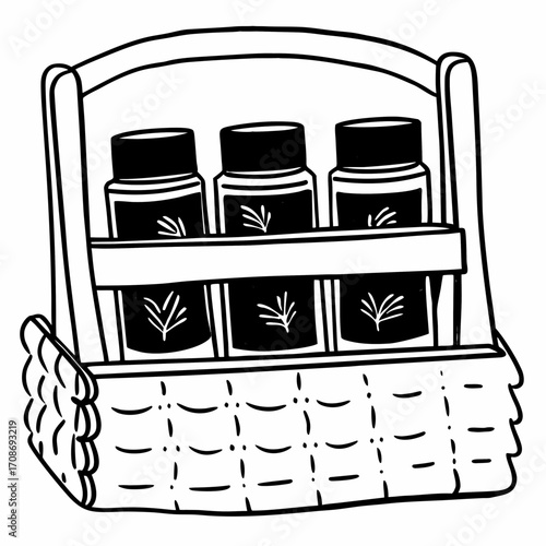Illustration of a basket containing three bottles with leaf designs in a black and white drawing style