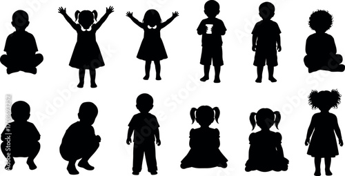 Children silhouette vector set showing diverse poses, sitting, standing, squatting, playful gestures, hairstyle variety, isolated on white background