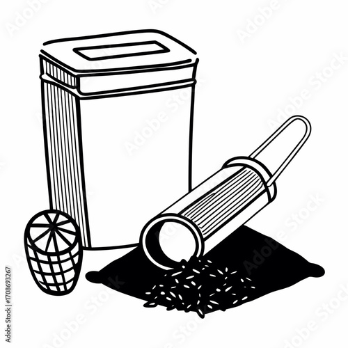 Illustration of a tea canister, basket, and tea infuser with loose tea on a dark surface is visible