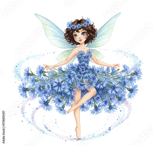 Beautiful fairy with delicate blue wings in cornflower dress vector illustration.