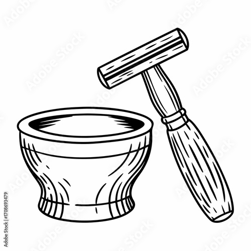 Illustration of a shaving bowl next to a safety razor with a handle on a white background style drawing