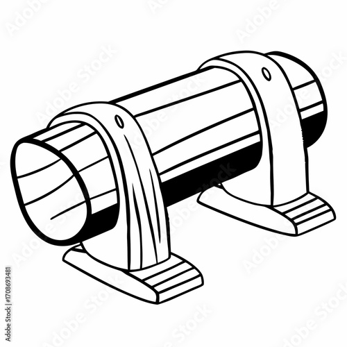 Illustration of a cylindrical object with supporting structures and draped fabric in black and white line art