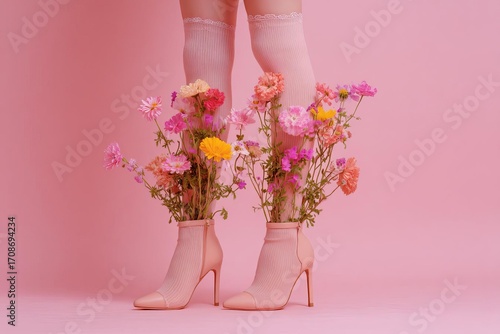 A playful blend of style and nature with vibrant flowers blooming from stylish pink boots against a cheerful pink background
