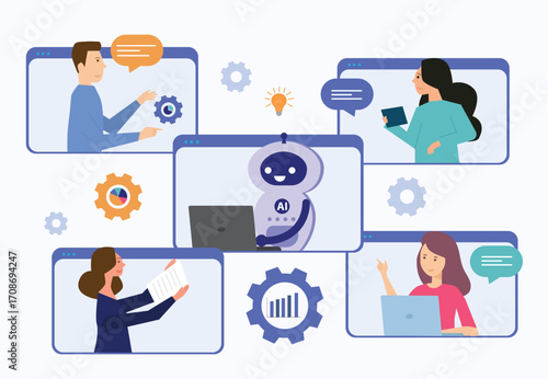 Employee conversation in a corporate chat with ai chat bot. Employees are displayed on messenger tiles.