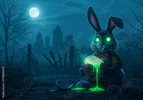 Mysterious Glowing Easter Bunny: A surreal depiction of an Easter bunny with glowing eyes and luminous ooze spilling from an egg, set against a mystical night scene with a full moon. 