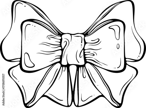 Decorative gift bow, universal element for gift wrapping, greeting card, poster, packaging design, holiday graphic projects. Vector illustration in hand drawn sketch style. Line art isolated on white