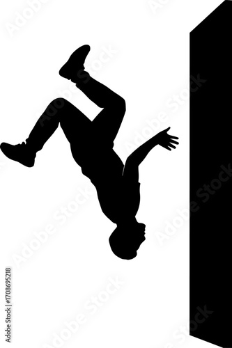 Minimalist black and white silhouette of a freerunner mid-air performing a wall flip, sleek vector design for parkour posters, urban sport visuals, extreme action graphics, and modern design.