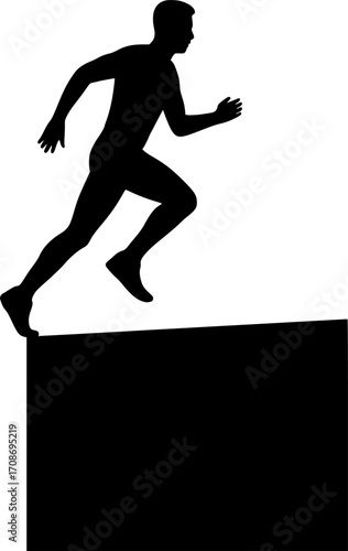 Minimalist black and white silhouette of a freerunner running along a narrow ledge, clean vector design perfect for parkour posters, urban sport graphics, and extreme motion illustrations.