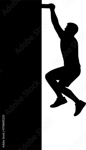 Minimalist black and white silhouette of a freerunner hanging from a high wall edge, clean vector design for parkour posters, urban sport graphics, and dynamic motion illustrations.
