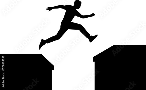 Minimalist black and white silhouette of a parkour athlete leaping across a wide rooftop gap, clean vector design for urban sport posters, extreme action graphics, and dynamic motion illustrations.