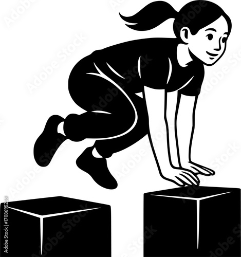 Minimalist black and white vector of a parkour athlete performing a kong-to-precision jump, sleek silhouette illustration for sports posters, urban training visuals, and modern graphic design.