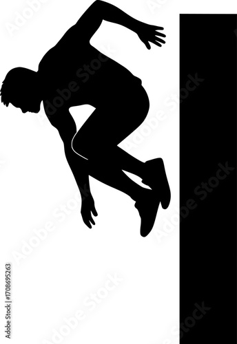 Minimalist black and white vector of a parkour athlete performing a wall spin, sleek silhouette illustration for sports posters, urban training visuals, extreme sport graphics, and modern design.