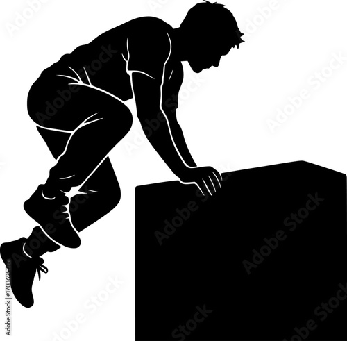 Black and white vector silhouette of a traceur performing a climb-up move — dynamic parkour action ideal for urban sports and motion-themed designs.